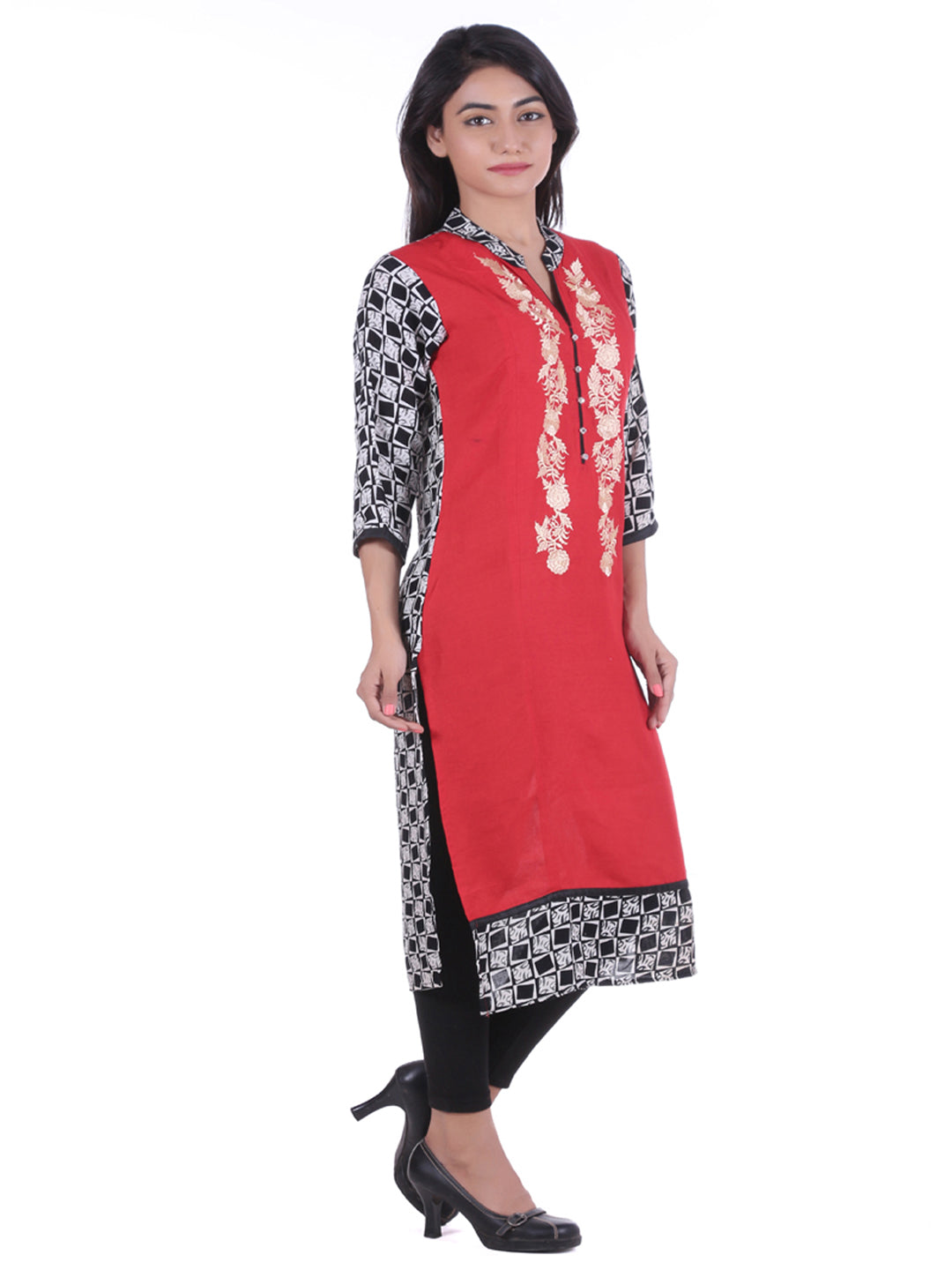 Red Embroidered Straight Kurta