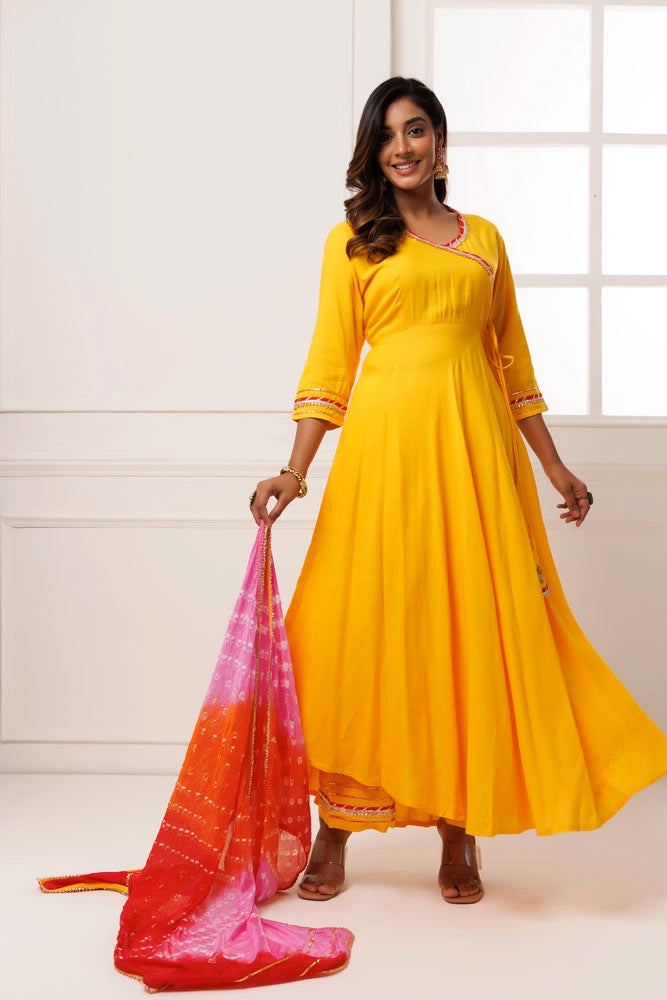 Yellow Rayon Handcrafted Gota Patti Kurta Set