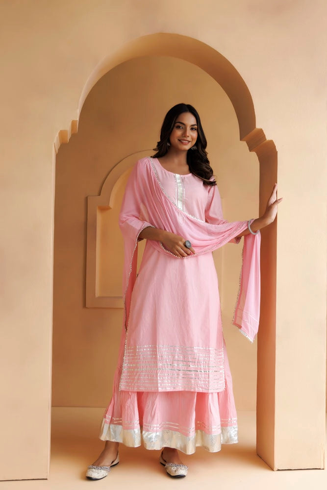 Pastel Pink Handcrafted Cotton Straight Kurta Set With Dupatta