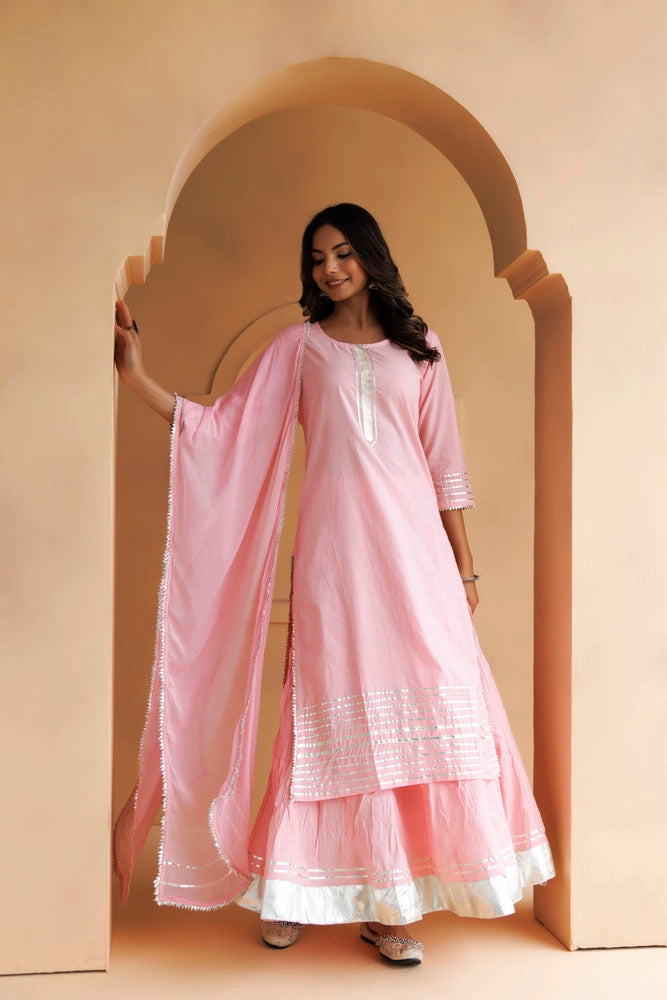 Pastel Pink Handcrafted Cotton Straight Kurta Set With Dupatta