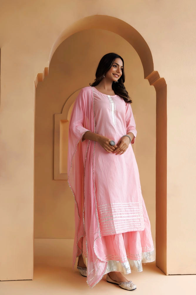 Pastel Pink Handcrafted Cotton Straight Kurta Set With Dupatta