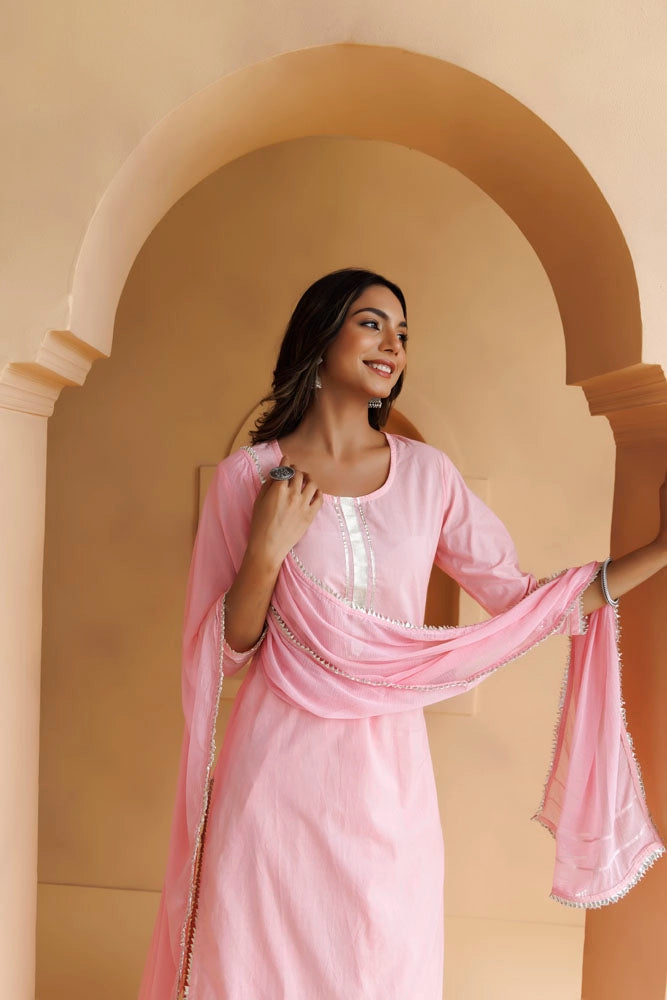 Pastel Pink Handcrafted Cotton Straight Kurta Set With Dupatta