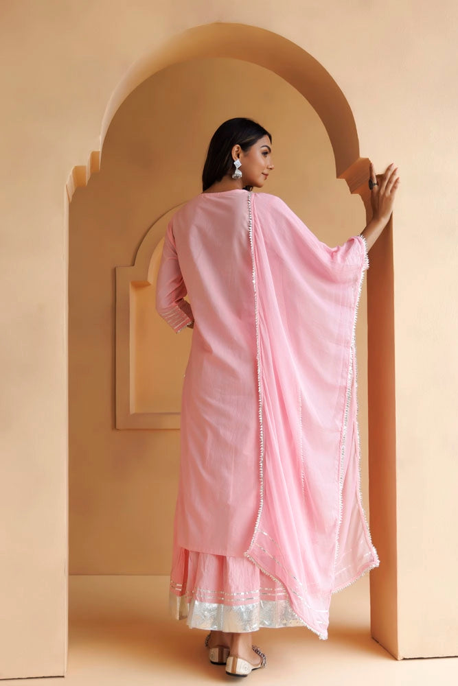 Pastel Pink Handcrafted Cotton Straight Kurta Set With Dupatta