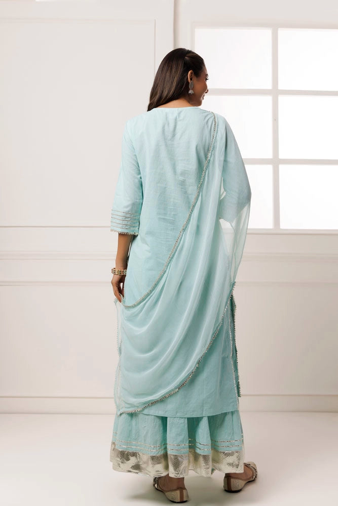 Sea Green Handcrafted Straight Cotton Kurta Set With Dupatta