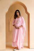 Pastel Pink Handcrafted Straight Cotton Kurta Set With Dupatta