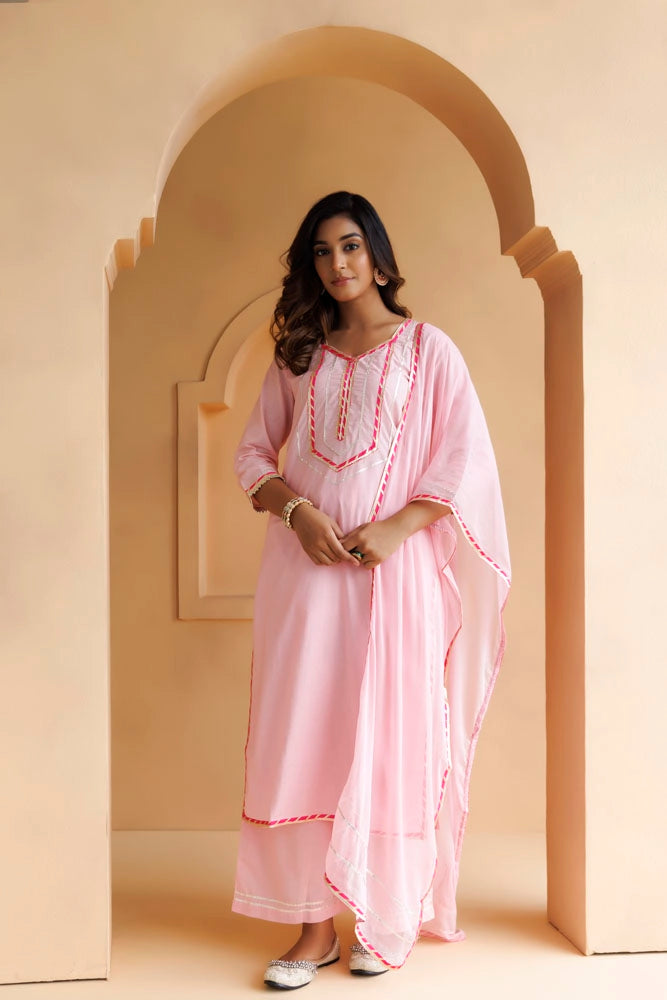 Pastel Pink Handcrafted Straight Cotton Kurta Set With Dupatta