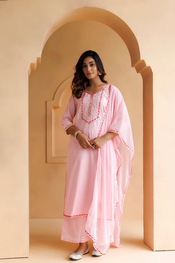 Pastel Pink Handcrafted Straight Cotton Kurta Set With Dupatta