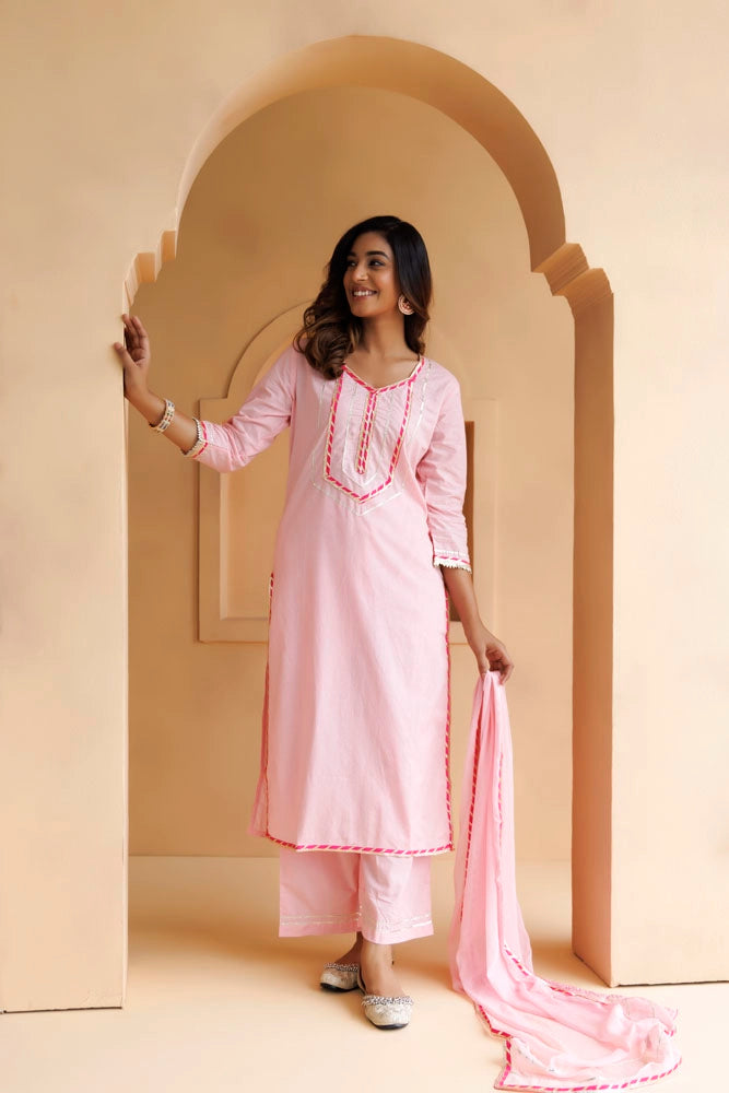 Pastel Pink Handcrafted Straight Cotton Kurta Set With Dupatta