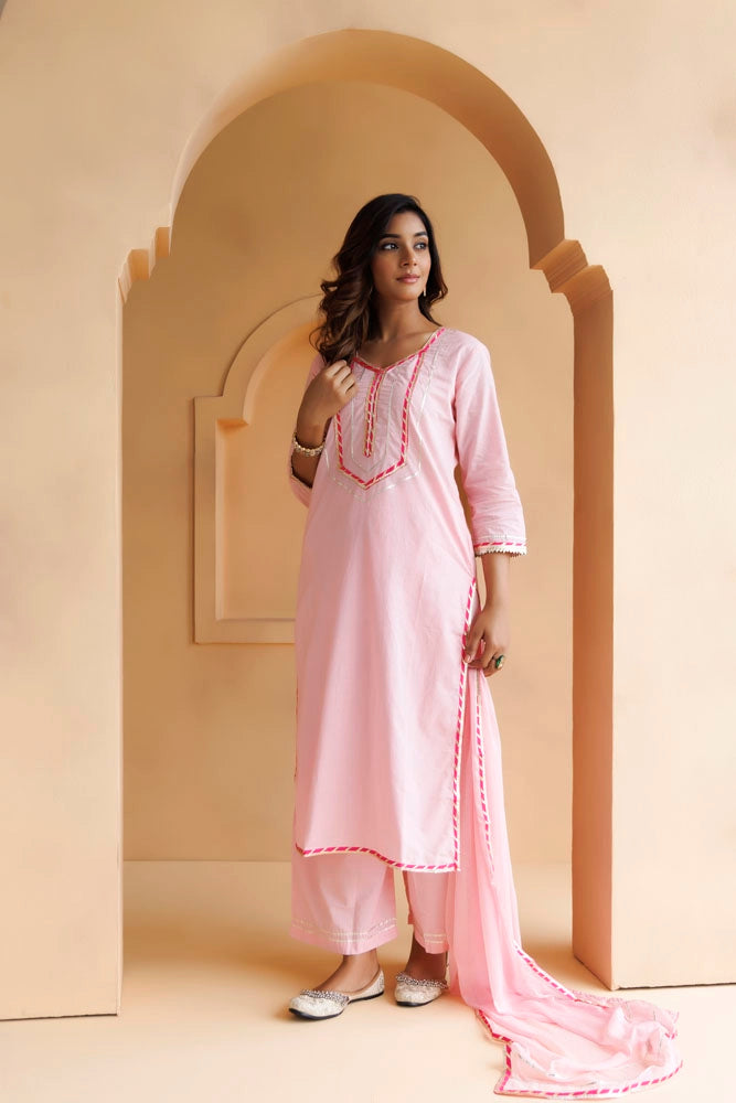 Pastel Pink Handcrafted Straight Cotton Kurta Set With Dupatta