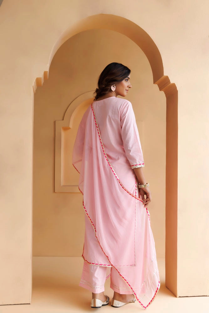 Pastel Pink Handcrafted Straight Cotton Kurta Set With Dupatta