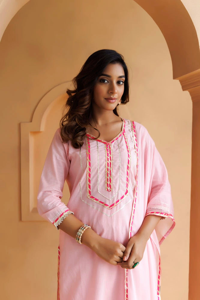 Pastel Pink Handcrafted Straight Cotton Kurta Set With Dupatta