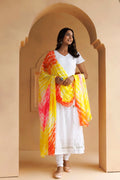 White Handcrafted Cotton Kurta Set With Leheriya Dupatta