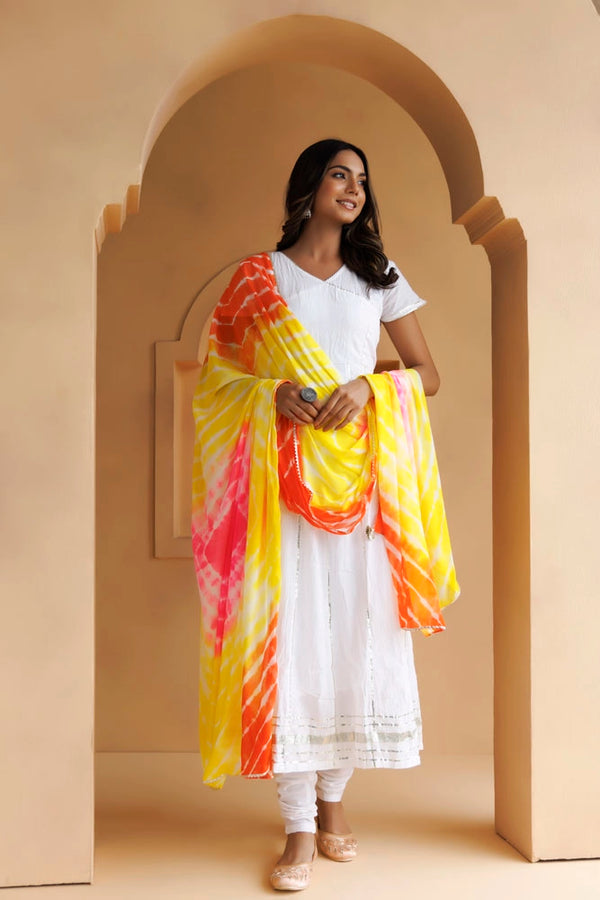 White Handcrafted Cotton Kurta Set With Leheriya Dupatta