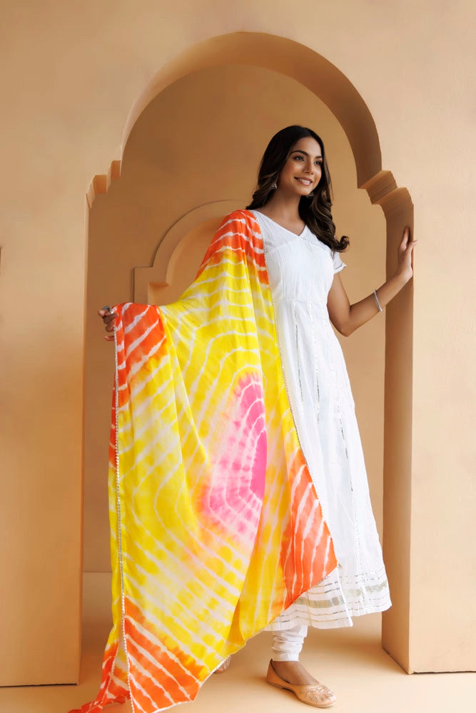 White Handcrafted Cotton Kurta Set With Leheriya Dupatta