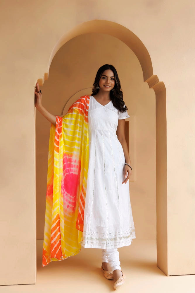 White Handcrafted Cotton Kurta Set With Leheriya Dupatta