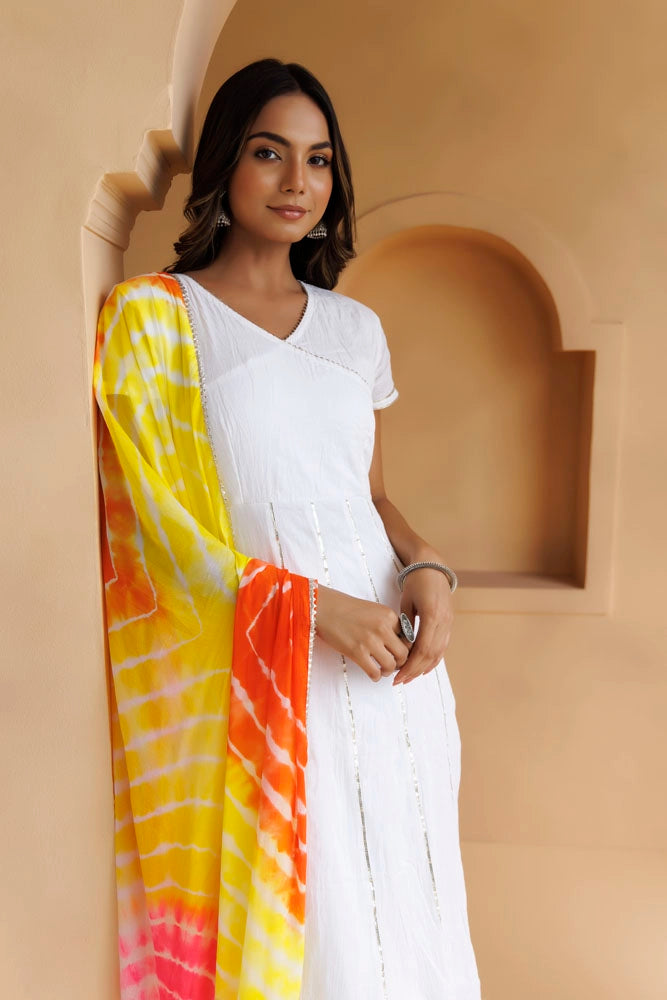 White Handcrafted Cotton Kurta Set With Leheriya Dupatta