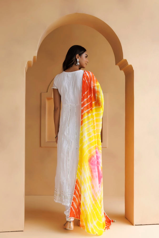 White Handcrafted Cotton Kurta Set With Leheriya Dupatta