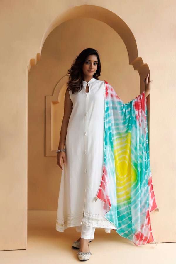 White Handcrafted Pure Cotton Kurta Set With Leheriya Dupatta