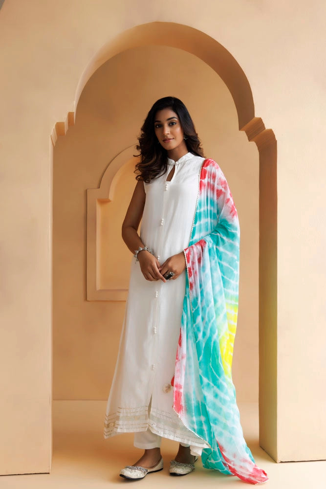 White Handcrafted Pure Cotton Kurta Set With Leheriya Dupatta
