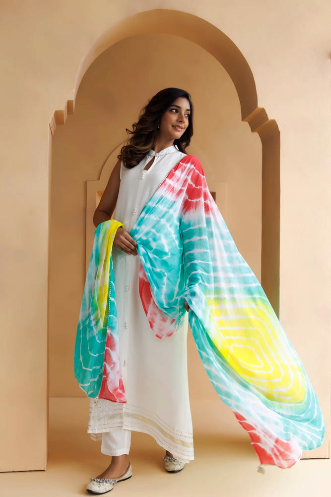 White Handcrafted Pure Cotton Kurta Set With Leheriya Dupatta