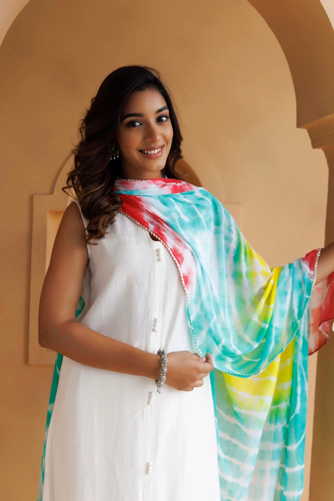 White Handcrafted Pure Cotton Kurta Set With Leheriya Dupatta