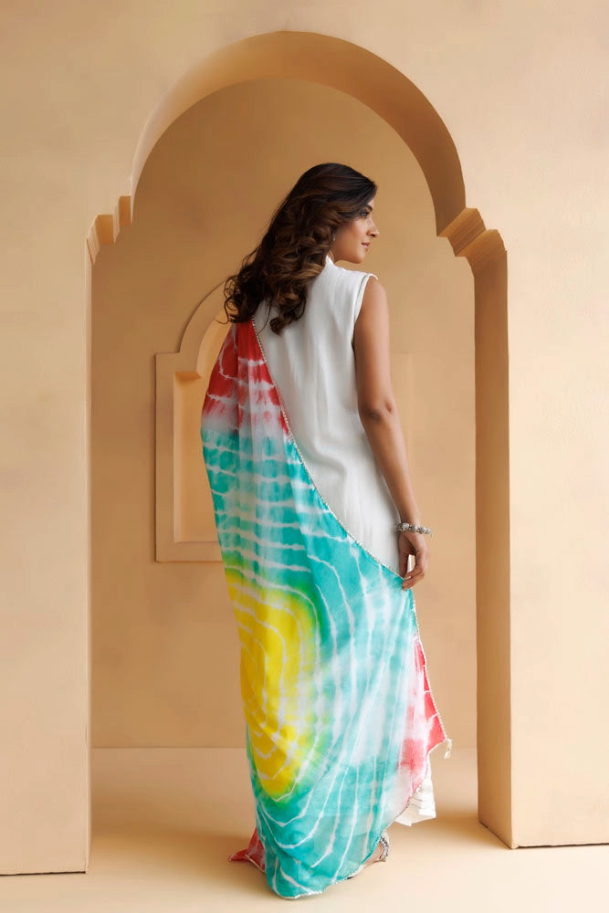 White Handcrafted Pure Cotton Kurta Set With Leheriya Dupatta