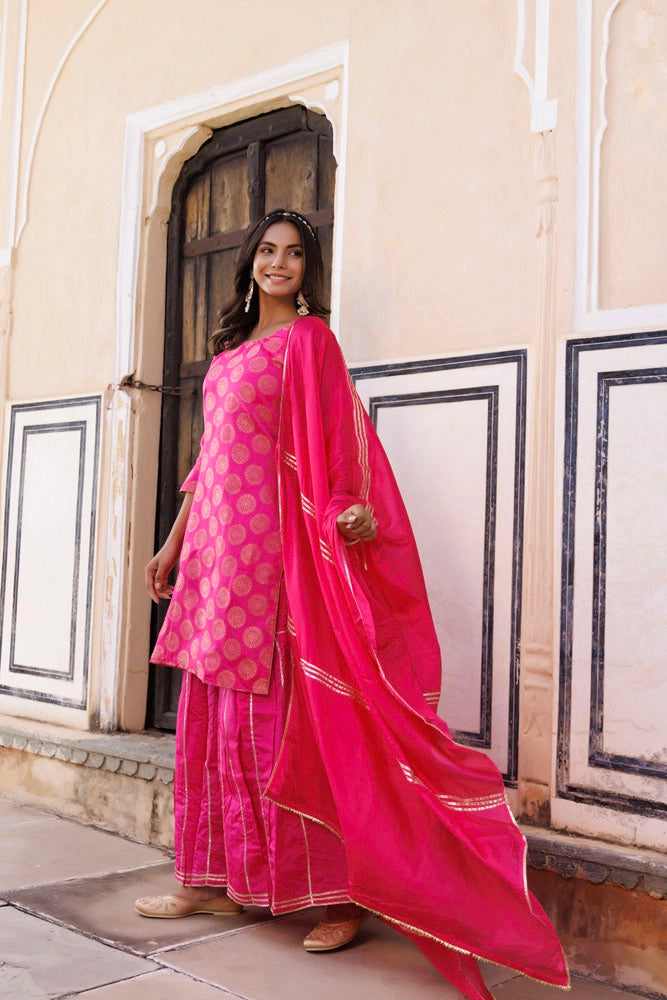 Pink Banarasi Silk Gota Hand Embellished Sharara Set