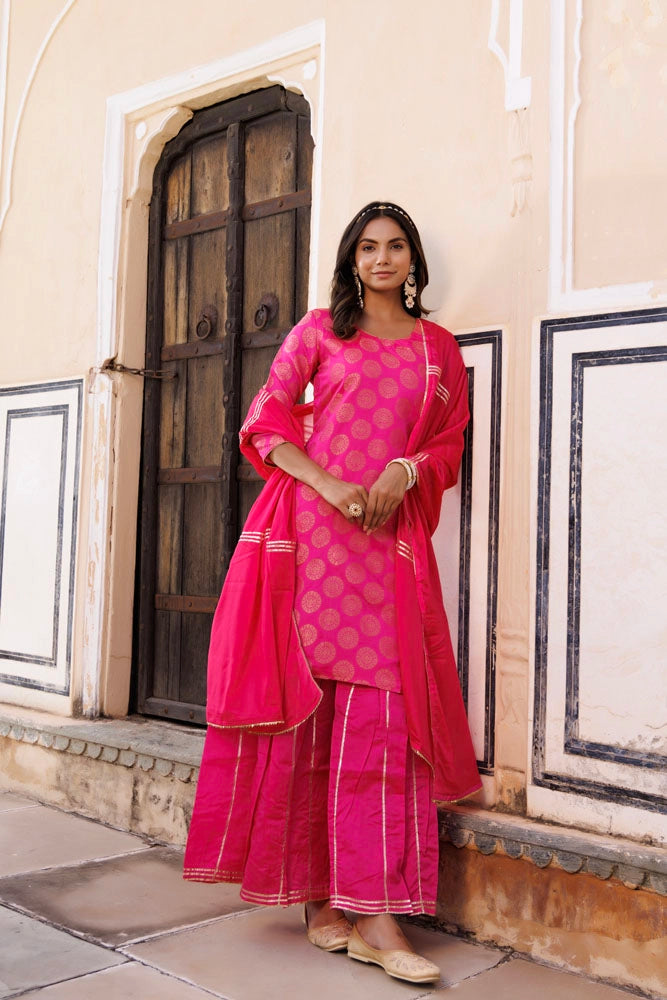Pink Banarasi Silk Gota Hand Embellished Sharara Set