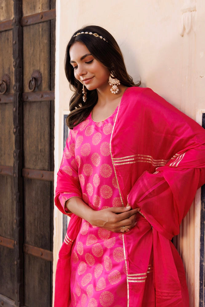 Pink Banarasi Silk Gota Hand Embellished Sharara Set