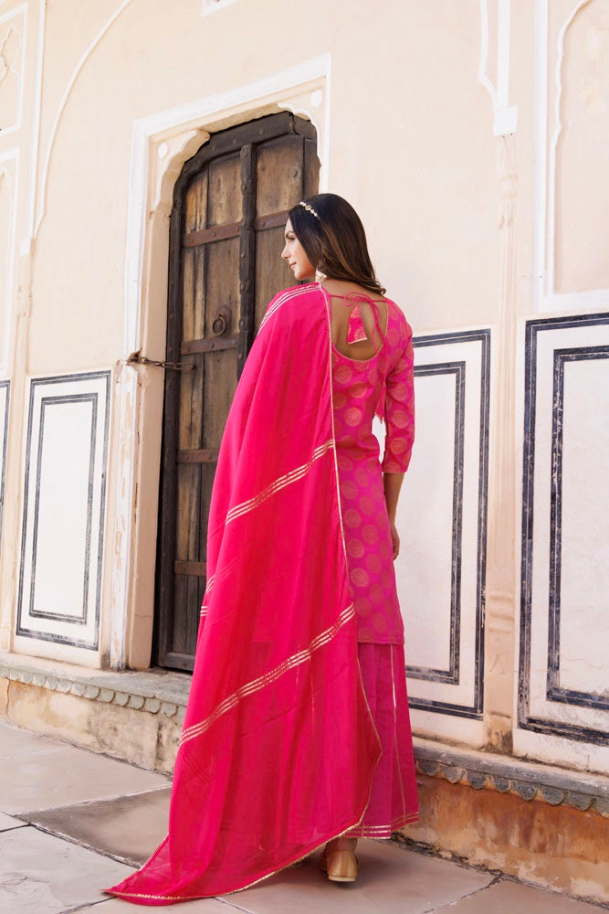 Pink Banarasi Silk Gota Hand Embellished Sharara Set