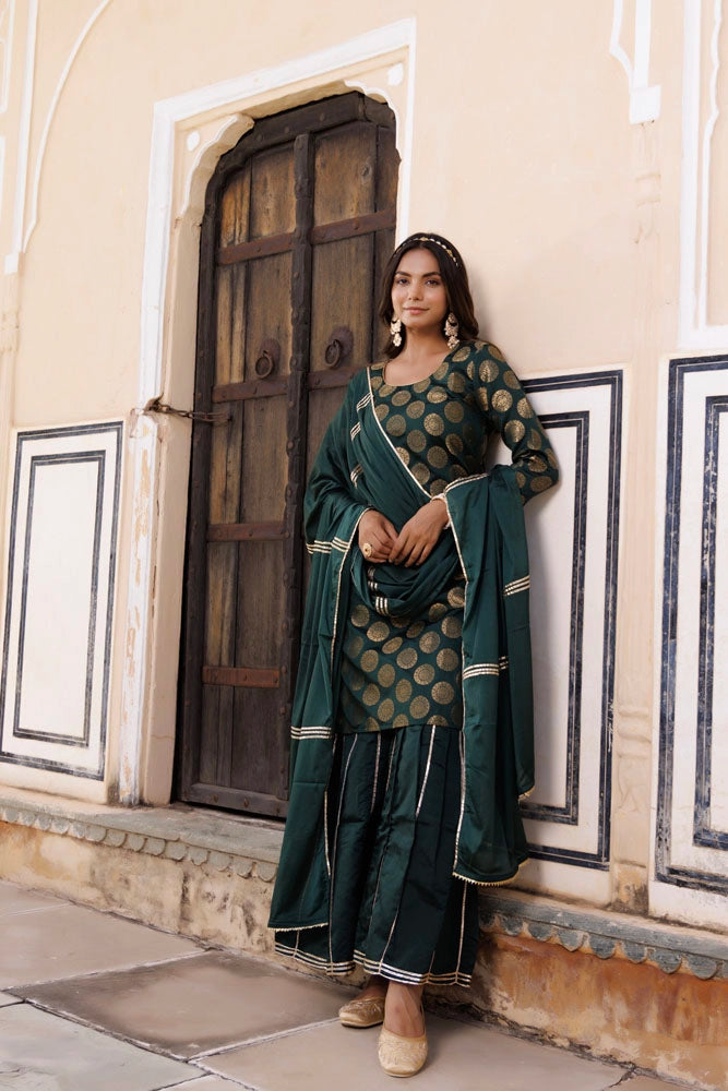Green Banarasi Silk Gota Hand Embellished Sharara Set