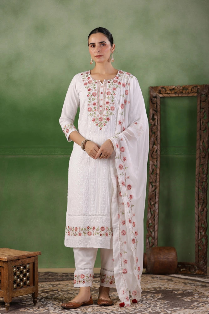 White Hand Embroidered Cotton Kurta Set with Dupatta