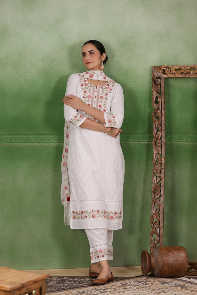 White Hand Embroidered Cotton Kurta Set with Dupatta
