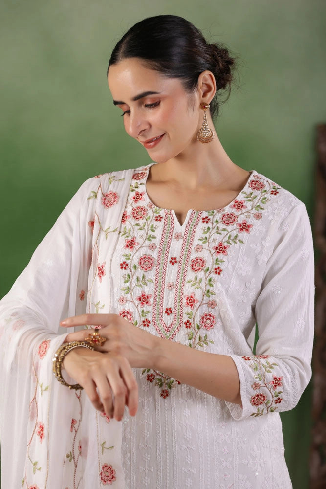 White Hand Embroidered Cotton Kurta Set with Dupatta
