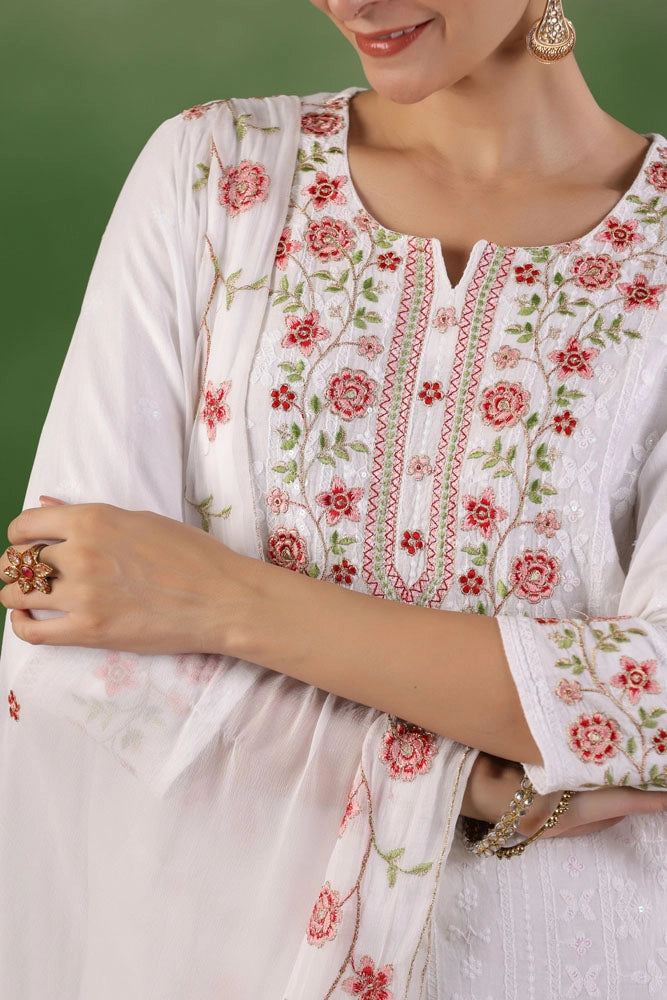 White Hand Embroidered Cotton Kurta Set with Dupatta