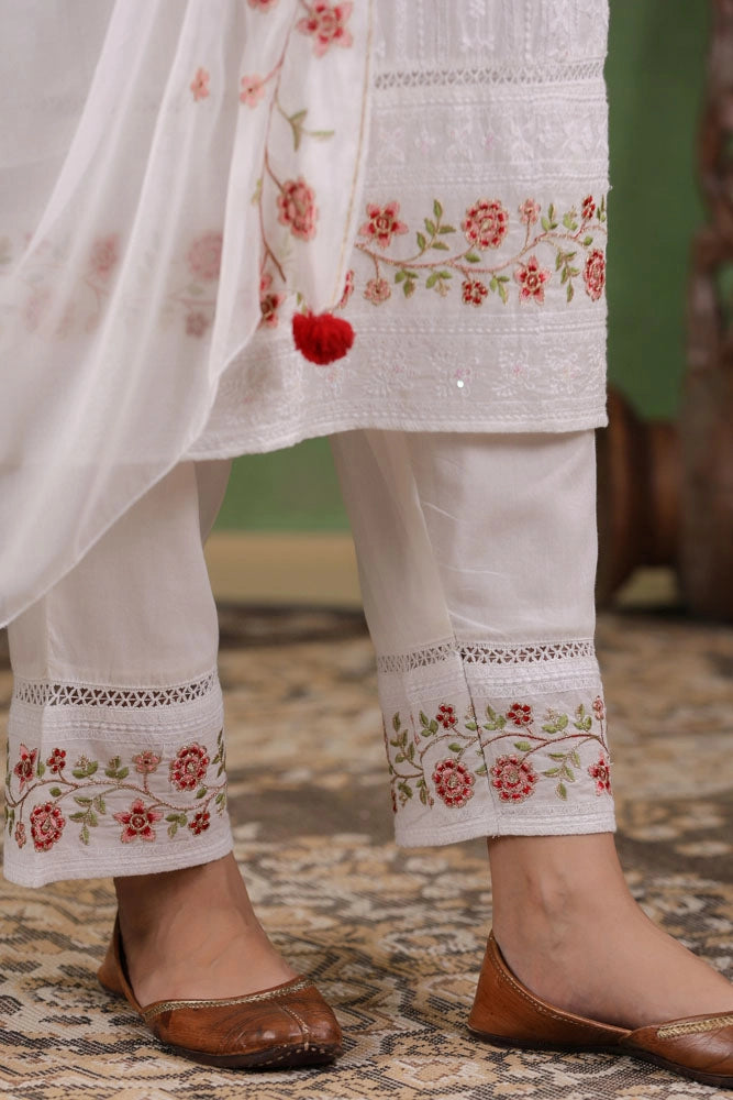 White Hand Embroidered Cotton Kurta Set with Dupatta