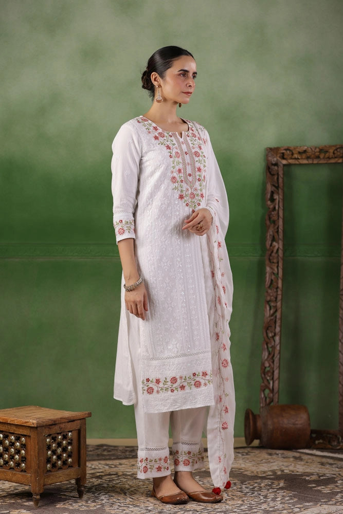 White Hand Embroidered Cotton Kurta Set with Dupatta