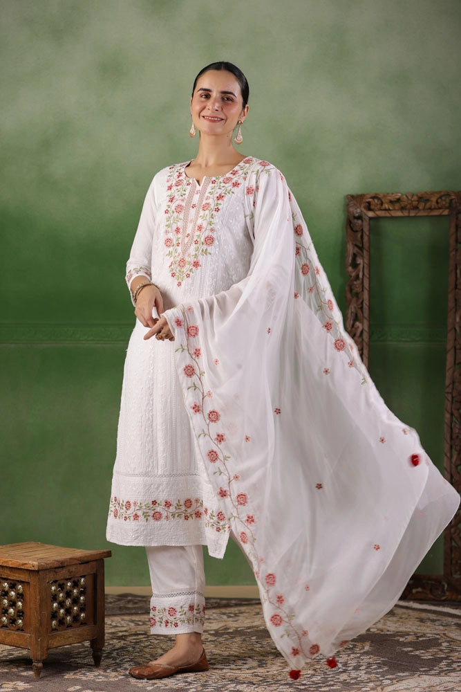 White Hand Embroidered Cotton Kurta Set with Dupatta