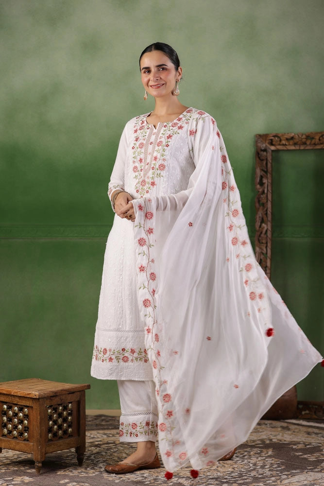 White Hand Embroidered Cotton Kurta Set With Dupatta