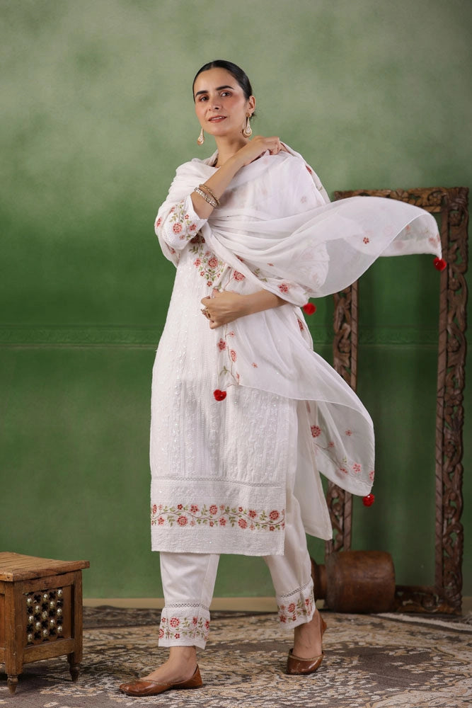 White Hand Embroidered Cotton Kurta Set with Dupatta