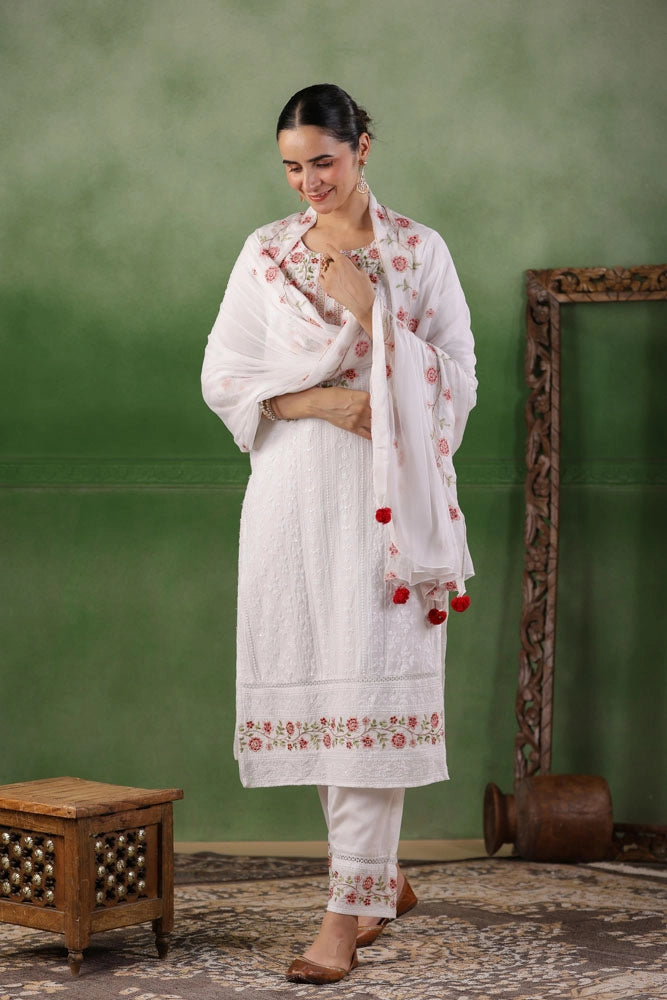 White Hand Embroidered Cotton Kurta Set with Dupatta