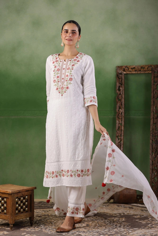 White Hand Embroidered Cotton Kurta Set with Dupatta