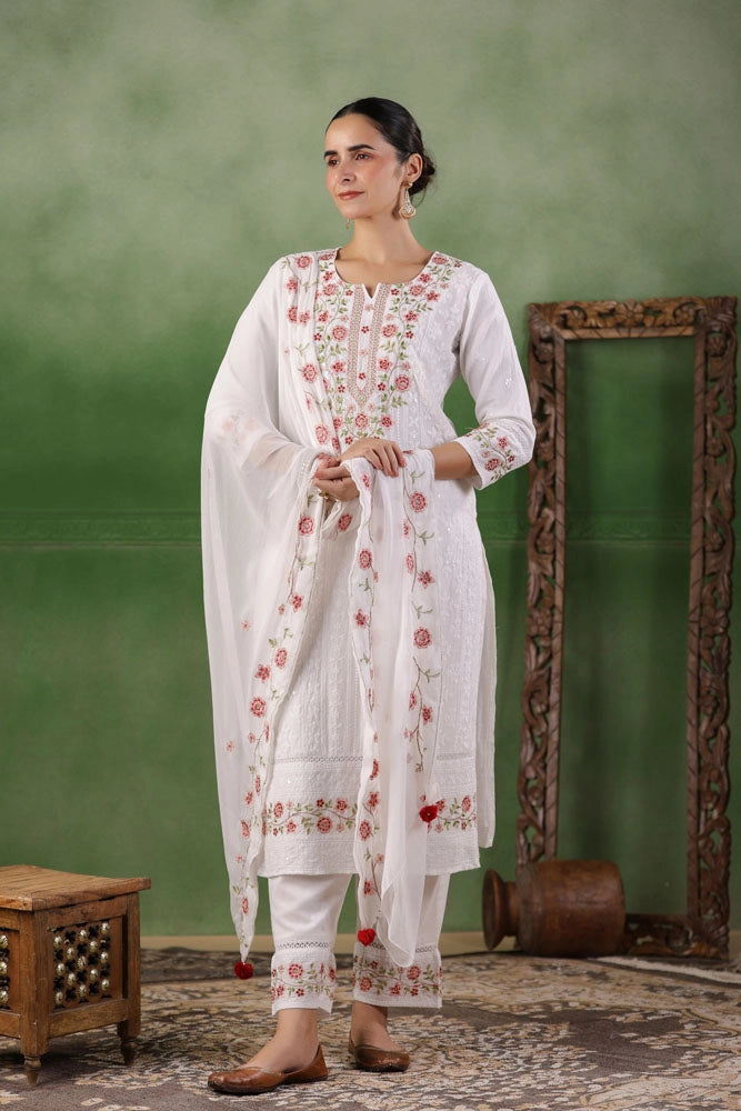 White Hand Embroidered Cotton Kurta Set with Dupatta