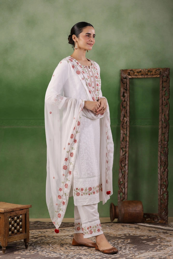 White Hand Embroidered Cotton Kurta Set with Dupatta