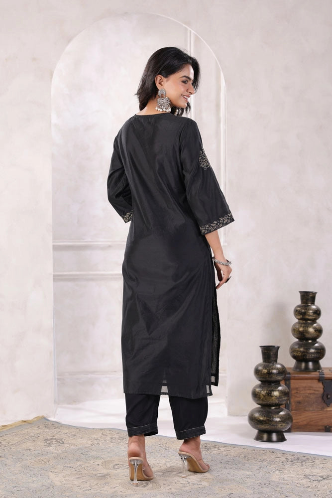 Black Chanderi Silk Kurta Set