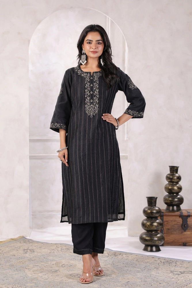 Black Chanderi Silk Kurta Set