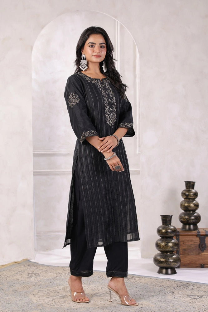 Black Chanderi Silk Kurta Set