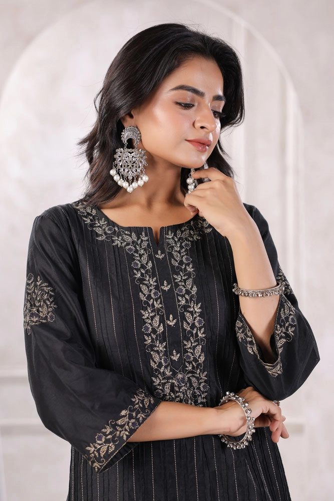 Black Chanderi Silk Kurta Set