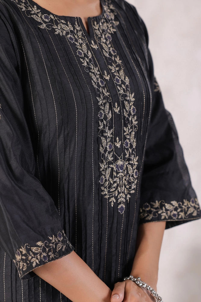 Black Chanderi Silk Kurta Set