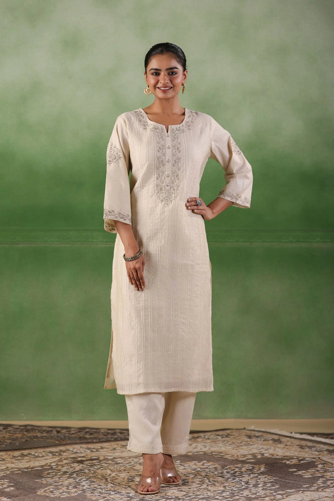 Off White Chanderi Silk Kurta Set